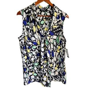 Nine West Satin Tie Front Collared Sleeveless Blouse Women's 1X Pastel Parlour